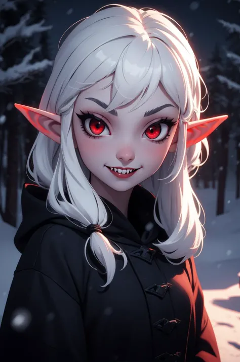 seulement, 1fille VAMPIRE, les yeux rouges, fermer, tenue noire, petite oreille d&#39;elfe, dent de vampire, petit sourire mignon, yeux parfaits, cheveux blancs, Visage rougi, Nuit d&#39;hiver, Éclairage RTX, tsurime, 