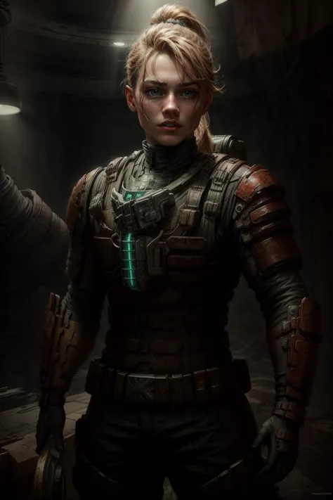 ((best quality)), ((masterpiece)), (detailed), hyperrealistic, sci-fi, photo of a 16yo girl wearing engineeringsuit standing in a space station, long blonde ponytail, green eyes, shiny armor, (dirty:0.9), (bloody:0.9), looking at viewer, realistic materials, dramatic lighting, wallpaper, intricate, sharp focus, ray tracing, rtx, professionally color graded, professional photography, high quality, 4k, 8k, raw AS-Young, 