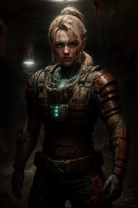 ((best quality)), ((masterpiece)), (detailed), hyperrealistic, sci-fi, photo of a 16yo girl wearing engineeringsuit standing in a space station, long blonde ponytail, green eyes, shiny armor, (dirty:1.2), (bloody:1.2), looking at viewer, realistic materials, dramatic lighting, wallpaper, intricate, sharp focus, ray tracing, rtx, professionally color graded, professional photography, high quality, 4k, 8k, raw AS-Young, 