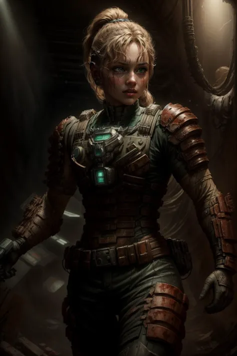 ((best quality)), ((masterpiece)), (detailed), hyperrealistic, sci-fi, 1girl, photo of a beautiful girl wearing engineeringsuit running in a space station, long blonde ponytail, green eyes, small breasts, very skinny, slender fit body, shiny armor, (dirty:1.2), (bloody:1.2), looking at viewer, from below, realistic materials, dramatic lighting, wallpaper, intricate, sharp focus, ray tracing, rtx, professionally color graded, professional photography, high quality, 4k, 8k, raw (AS-Young:1.0), dynamic pose, 