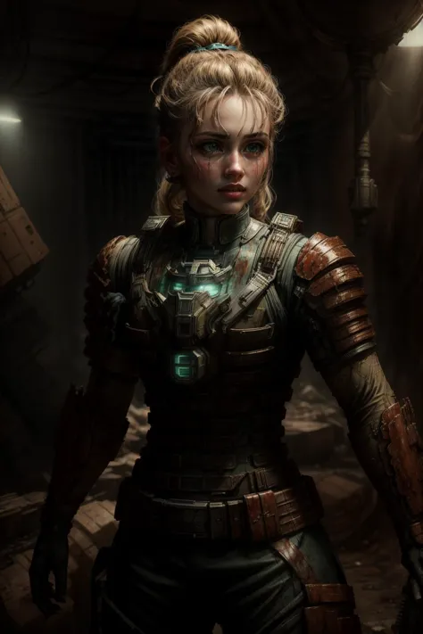 ((best quality)), ((masterpiece)), (detailed), hyperrealistic, sci-fi, 1girl, photo of a beautiful girl wearing engineeringsuit in a space station, long blonde ponytail, green eyes, small breasts, very skinny, slender fit body, shiny armor, (dirty:1.2), (bloody:1.2), looking at viewer, from below, realistic materials, dramatic lighting, wallpaper, intricate, sharp focus, ray tracing, rtx, professionally color graded, professional photography, high quality, 4k, 8k, raw (AS-Young:1.0), dynamic pose, 