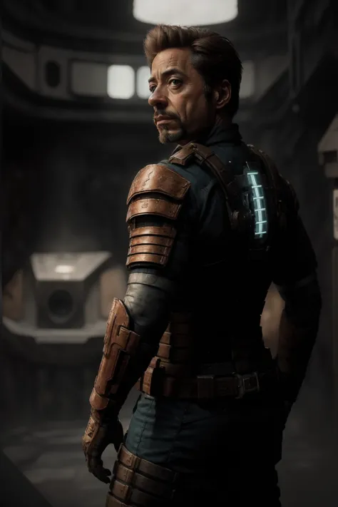 ((best quality)), ((masterpiece)), (detailed), hyperrealistic, sci-fi, 1man, cowboy shot of Robert Downey Jr wearing engineering...