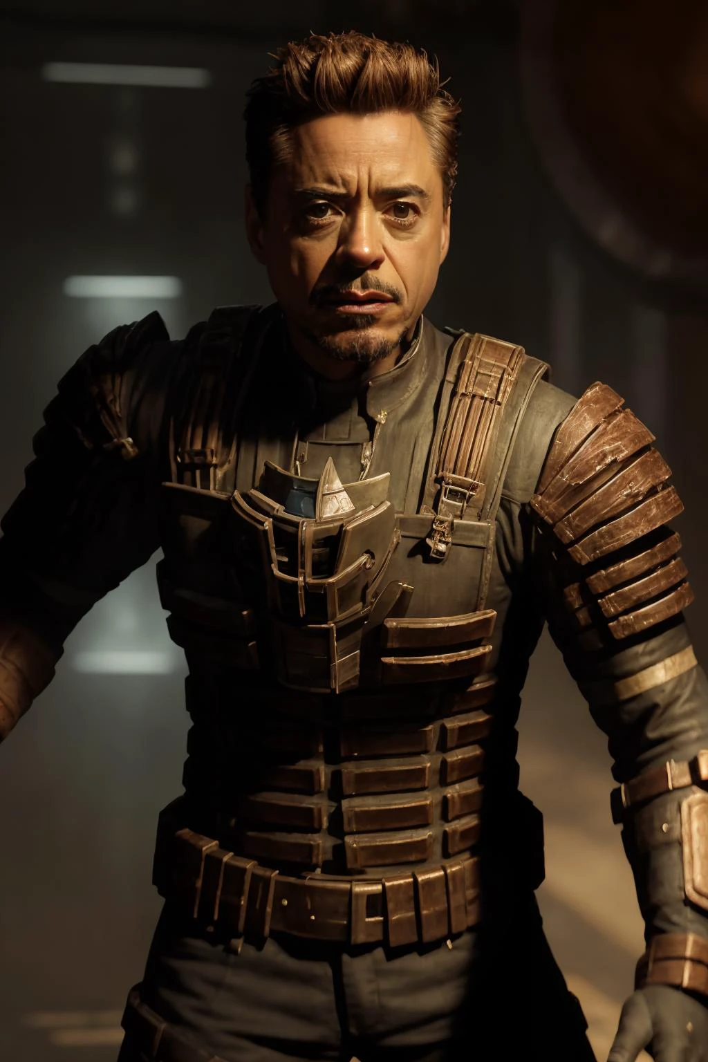 ((melhor qualidade)), ((Obra de arte)), (detalhado), hiperrealista, sci-fi, 1 homem, foto de Robert Downey Jr vestindo traje de engenharia andando em uma estação espacial, Cabelo preto, armadura brilhante, (face:1.5), olhando para frente, de cima, Materiais realistas, iluminação dramática, papel de parede, intricado, foco nitído, rastreamento de raios, rtx, classificação de cores profissionalmente, Fotografia profissional, alta qualidade, 4K, 8K, lorarobertdj cru, detalhado skin texture, (corar:0.5), (arrepio:0.5), dispersão subterrânea