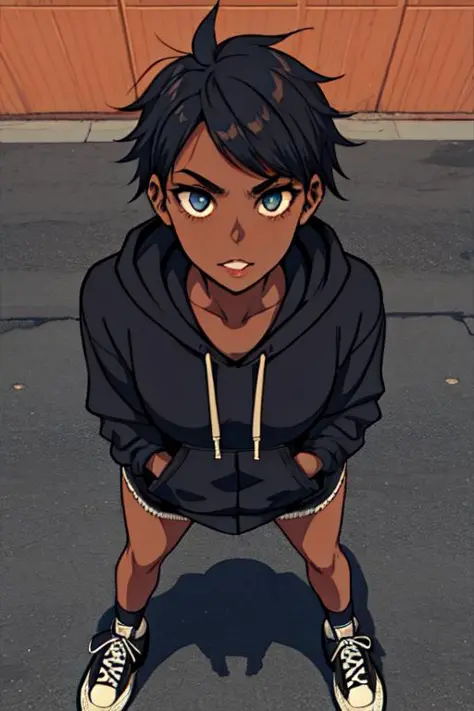 <lora:shindol_style:0.8>, 1girl, short hair, tomboy, punk, darkskin, full body, detailed face, perfect anatomy, black hoodie, co...