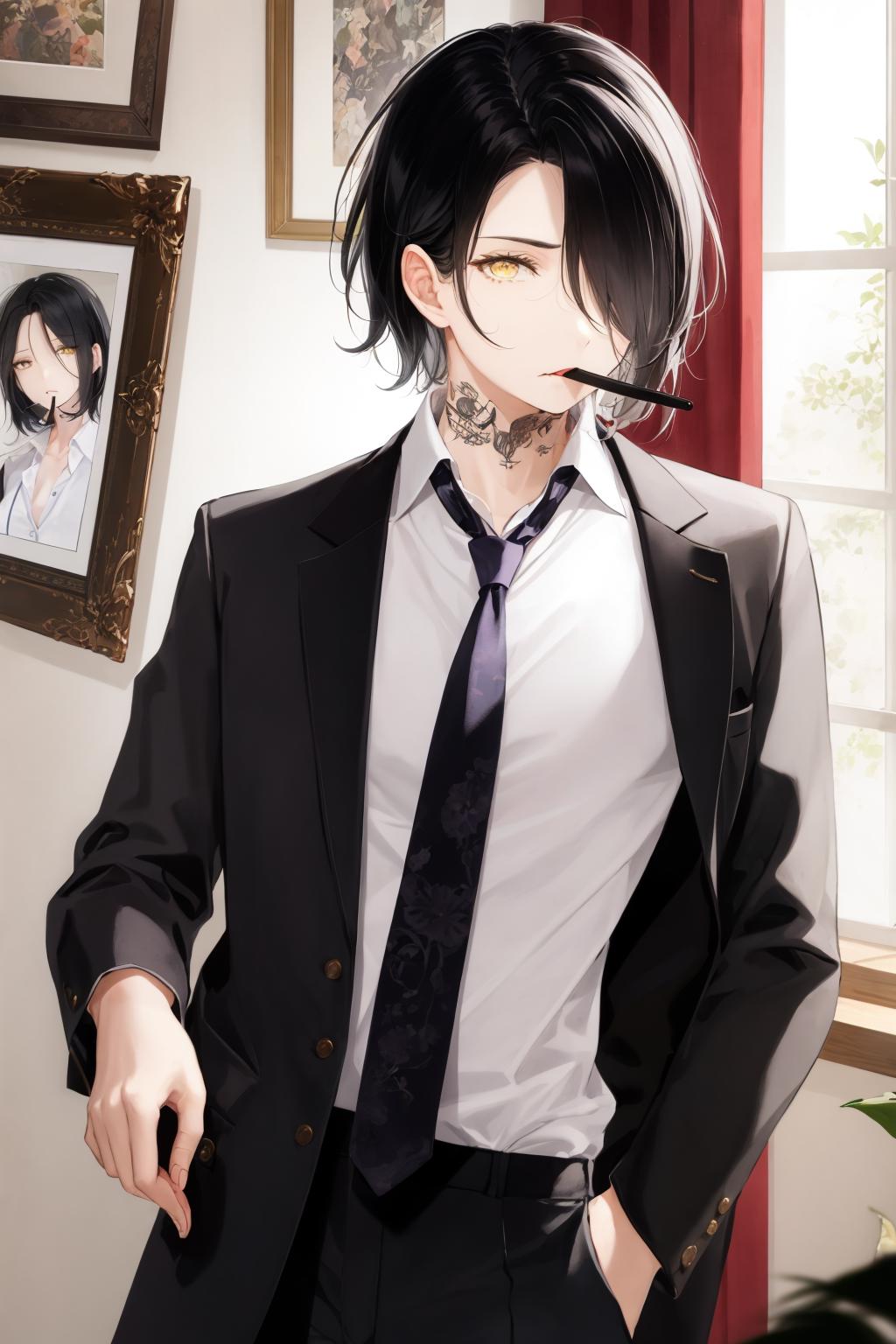 Anime guy with black hair and a white shirt and tie - SeaArt AI