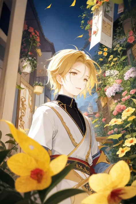 masterpiece, best quality, ultra-detailed, best illustration,
blurry foreground,
dynamic view, 1 boy, solo, blond hair,
beautifu...