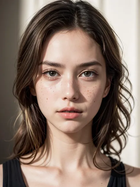 a photo portrait of a beautiful girl with curls and lots of freckles, (dirty blonde hair), (face portrait:1.5), dramatic light ,...