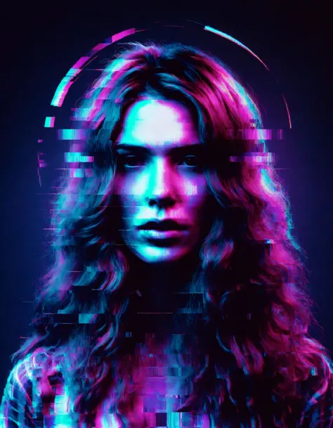 A woman with long, wavy hair is standing against a dark background. Her hair is highlighted by glitch effects that create a halo...
