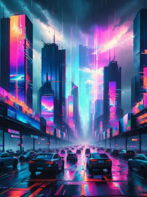ral-glydch, a towering metropolis bathed in neon, skyscrapers twisting and glitching like pixels on a cracked screen. Holographi...