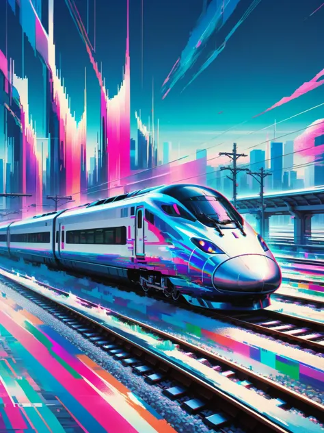 ral-glydch, a sleek bullet train hurtles through a landscape fragmented by speed. Buildings blur into streaks of color, landscap...