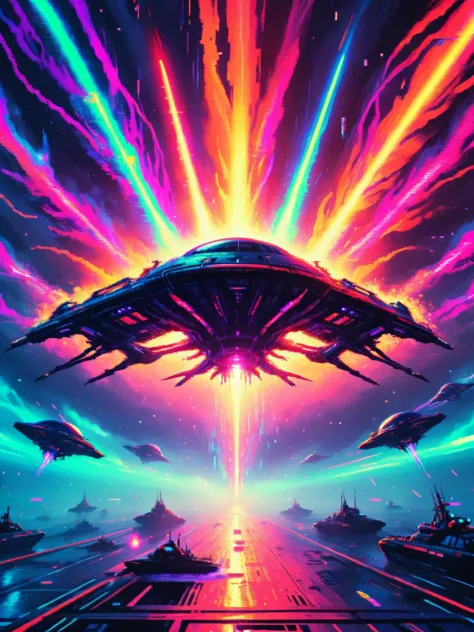 ral-glydch, a fleet of alien spacecraft, their hulls flickering with distorted energy, clash in a swirling nebula. Beams of neon...