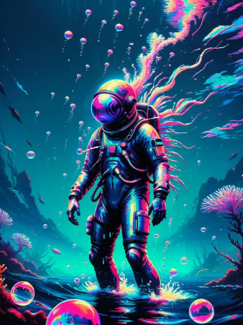 ral-glydch, a surreal underwater world awash in bioluminescent light. Schools of fish morph and flicker, their scales glitching with iridescent patterns. Corals sprout neon tendrils, pulsating in rhythm with the distorted heartbeat of the ocean. A diver, clad in a glitching spacesuit, explores this alien landscape, leaving a trail of bubbles that burst into glitching starbursts. <lora:ral-glydch-sdxl:1>,<lora:EnvyBetterHiresFixXL01:0:hr=1>