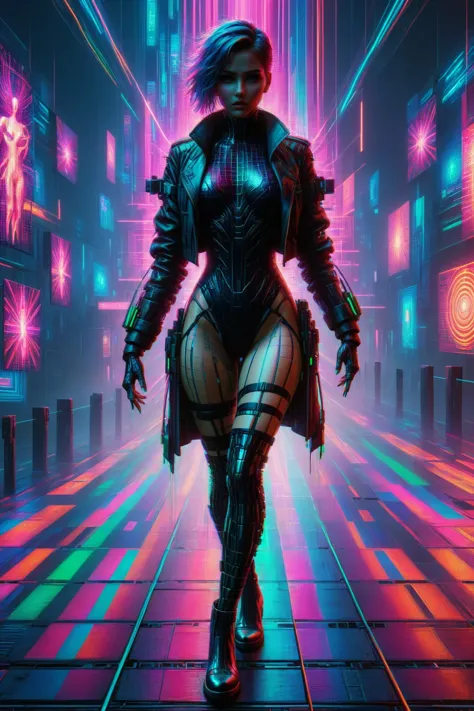 ral-glydch matrix made of neon mesh grid, woman, cyberpunk, lightstreaks, Pointing pose <lora:Neon_Cyberpunk_SDXL:0.6>  <lora:ra...