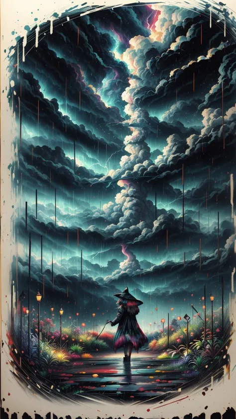 a painting of a woman walking in the rain with a umbrella