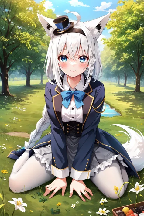 (masterpiece, best quality),  intricate details,
1girl,      white hair, single side braid, ahoge, fox tail,
 fubukielegant, (braided ponytail), blue coat, blue bowtie, buttoned corset, collared shirt, long skirt, grey skirt, frills, (white pantyhose:1.4), mini hat, top hat, hairband,
  picnic, outdoors, grass, trees, sunny, happy,