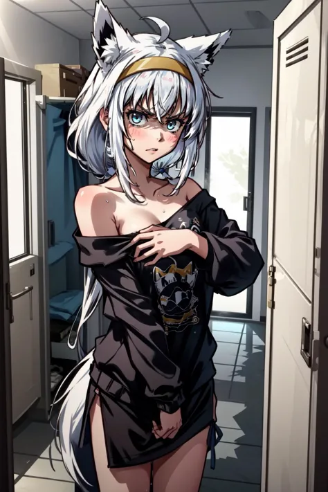 (masterpiece, best quality),  intricate details,
1girl,      white hair, single side braid, ahoge, fox tail,
fubukirelax, sidelocks, black t-shirt, off-shoulder, black hairband, ahoge, fox tail 
sweating, boob sweat, 
  glaring, angry,   locker room, changing room,  locker room glaring shaded face