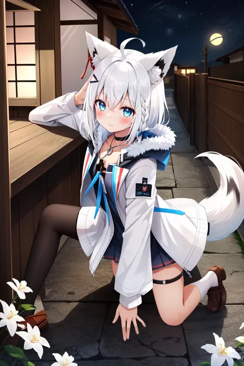 anime girl with white hair and blue eyes sitting on a sidewalk