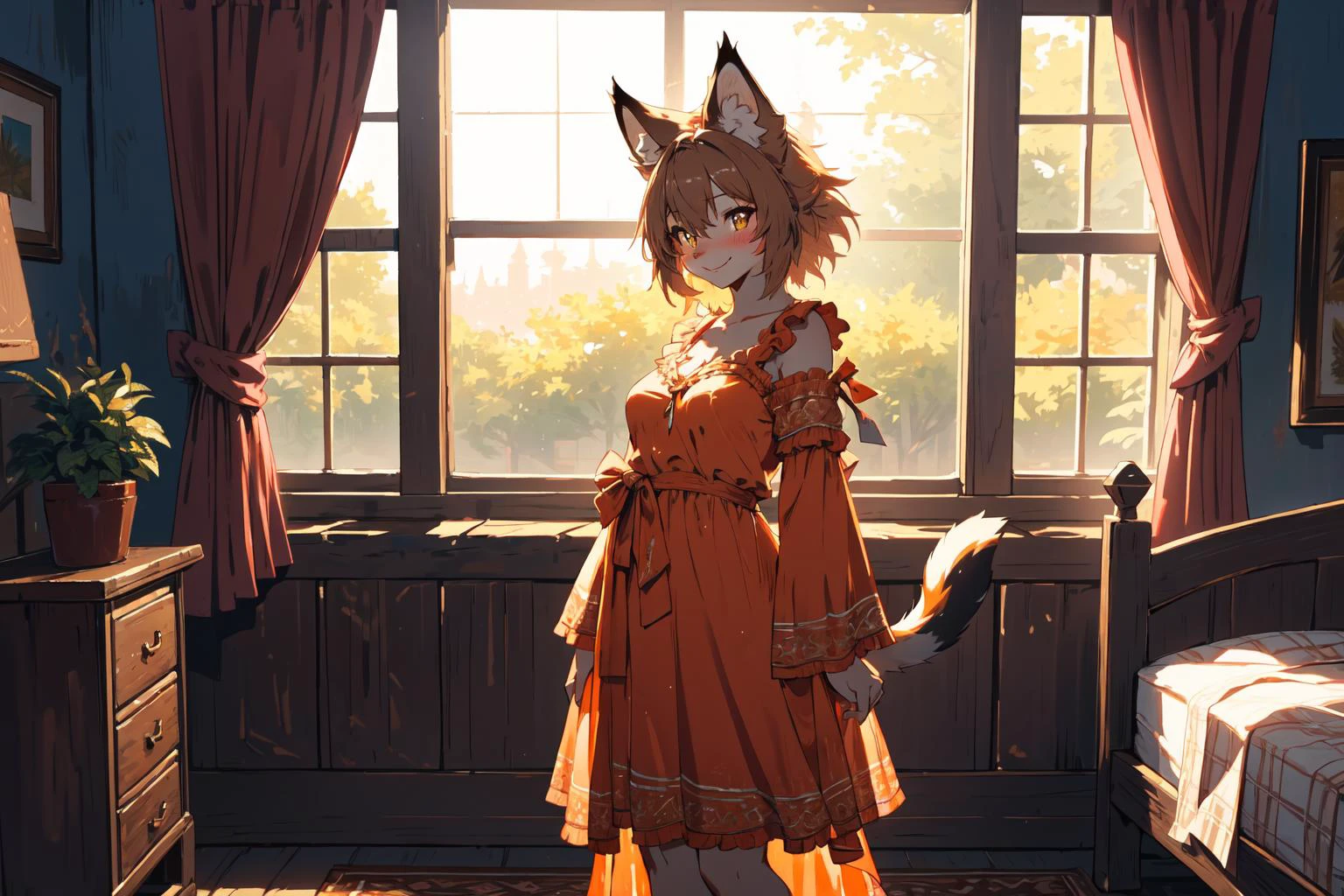 (anthro lynx), (ultra detailed rusty fur:1.2),
seductive smile, hanging breasts,
(cute orange nightgown:1.2),
 bedroom, standing on bed, relaxed pose, (blushing:1.2)
morning, windows, english countryside, spring,
(masterpiece:1.2), (best quality:1.2), (intricate:1.2), (highly detailed:1.2), (sharp:1.2), (8k:1.2), (highres:1.2),
cinematic lighting, vivid colors,
