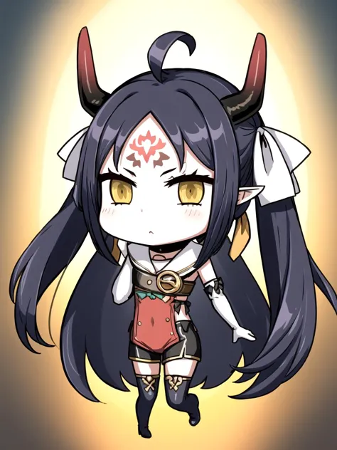 masterpiece, best quality, 1girl, solo, dsaravi, black hair, yellow eyes, pointy ears, very long hair, twintails, ahoge, horns, forehead mark, hair ribbon, red tabard, chest belt, elbow gloves, thighhigh boots, black shorts, full body, chibi, april fools
<lyco:dsaravi_lc_768:1> <lyco:aprilfools_style_lc:0.8>