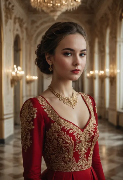 stunning medium shot photo of a russian woman wearing a red dress with gold embroidering, in an elegant ballroom, authentic film...