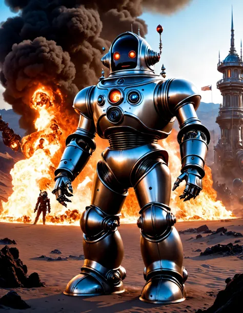 ((best quality)) , ((masterpiece)) , (detailed) , robby the robot from forbidden planet (1956) standing before fire, (Jason Benj...