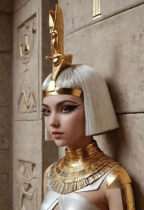 a woman in a white dress and gold headpiece standing next to a wall