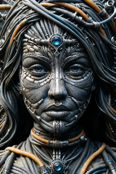 front view, closeup portrait of an ornate metal wire sculpture depicting the face of an unbelievably beautiful woman, serious, piercing gaze, looking at viewer, tattoos of city streets and digital circuits, parallel and intricate, mysterious planets, amazingly complex, hard square edges, beautiful, intricate detail, ornate, best quality, dramatic light, atmospheric, vivid details, photorealistic pewter sculpture, carved, cast iron, masterpiece, award-winning, cinematic composition, sharp focus, ral-watrho<lora:add-detail-xl:3> <lora:ral-watrho:1>