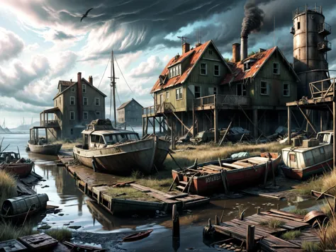 professional photo, postapocalyptic scene, fallout, a boat docked at a dock with a house and boat, ecologic disaster in background, biohazard, dramatic cloudy sky, Andreas Rocha, cushart krenz, detailed, messy environment, <lora:PostApocalypticXL_v1:0.8>, SZ_4poXL enviroment, <lora:PacificNorthwest:0.5>, (PacificNorthwest:0.6)