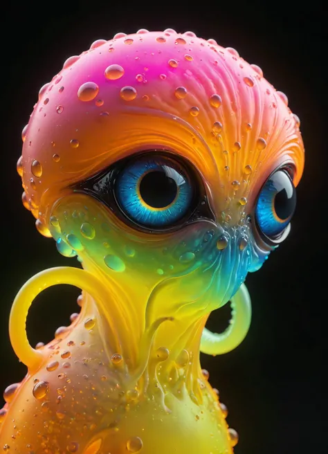 Ombre color scheme of neon pink, neon blue, neon yellow, neon green, neon orange, big eyed [alien | bacteria | creature] made of...