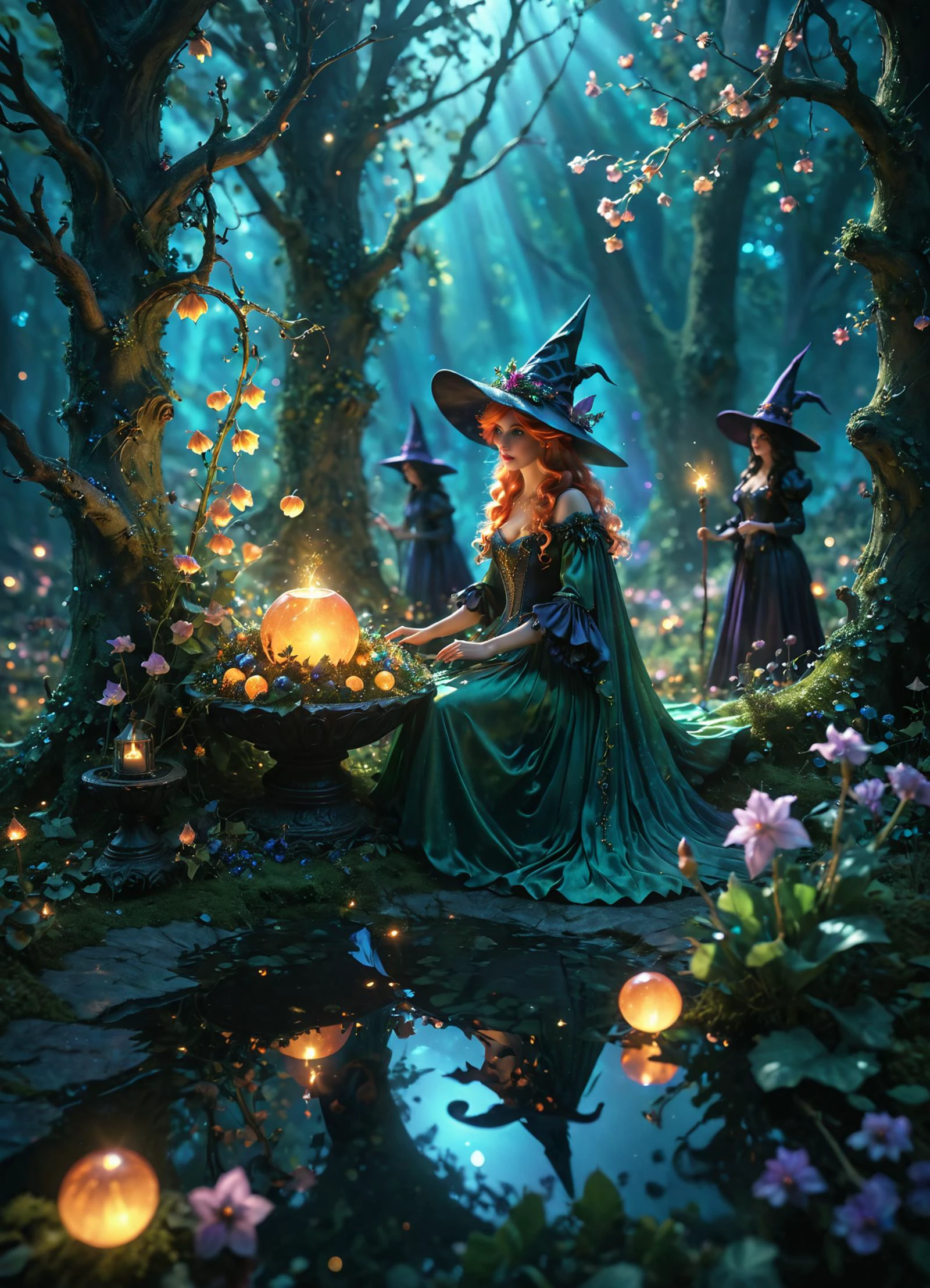 미묘한 fantasy concept art of  cinematic photo Floral artistic image of fairy-tale style witches' coven subsurface scattering, Photo현실적인, Hyper현실적인, 아날로그 스타일, 현실적인, 영화 photography, 부드러운 조명, 무거운 그림자, 35mm 사진, 영화, 보케, 전문적인, 4K, 매우 상세한, 웅장한, 천체의, 미묘한, 회화적으로, 서사시, 위엄 있는, 마법 같은, 판타지 아트, 표지 그림, 꿈꾸는 듯한