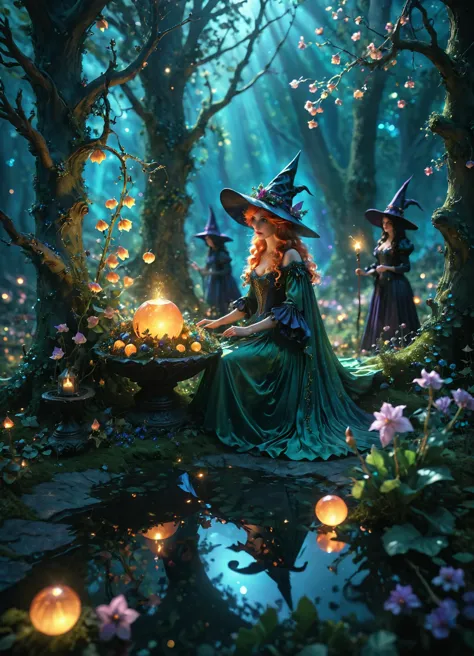 ethereal fantasy concept art of  cinematic photo Floral artistic image of fairy-tale style witches' coven <lora:sss:0.8> <lora:IOS_Iridescent_opal_style:0.33>, subsurface scattering, Photorealistic, Hyperrealistic, analog style, realistic, film photography, soft lighting, heavy shadow, 35mm photograph, film, bokeh, professional, 4k, highly detailed, magnificent, celestial, ethereal, painterly, epic, majestic, magical, fantasy art, cover art, dreamy