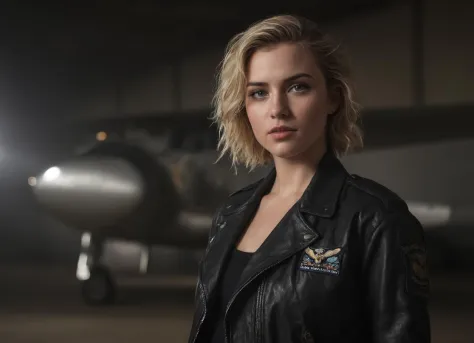 photo du corps entier d&#39;une superbe, femme pilote sournoise dans un hangar, vieil uniforme en cuir, blouson, (imperfections cutanées), (taches de rousseur:0.7), Beaux yeux détaillés, belles lèvres détaillées, un regard captivant, et une expression séduisante. bel éclairage sombre et sombre, dynamique et dramatique, ombres, ambiance cinématographique, photographier, Distance focale, (taille longue, désordonné, sauvage, blond, cheveux)