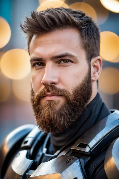 close up Portrait photo of muscular bearded guy in a worn mech suit, ((light bokeh)), intricate, (steel metal [rust]), elegant, ...