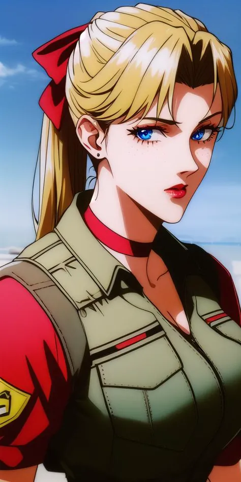 a woman in a military uniform with a ponytail and a red bow