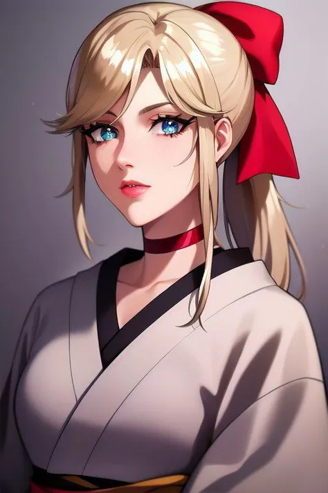 a woman with blonde hair and blue eyes wearing a white kimono