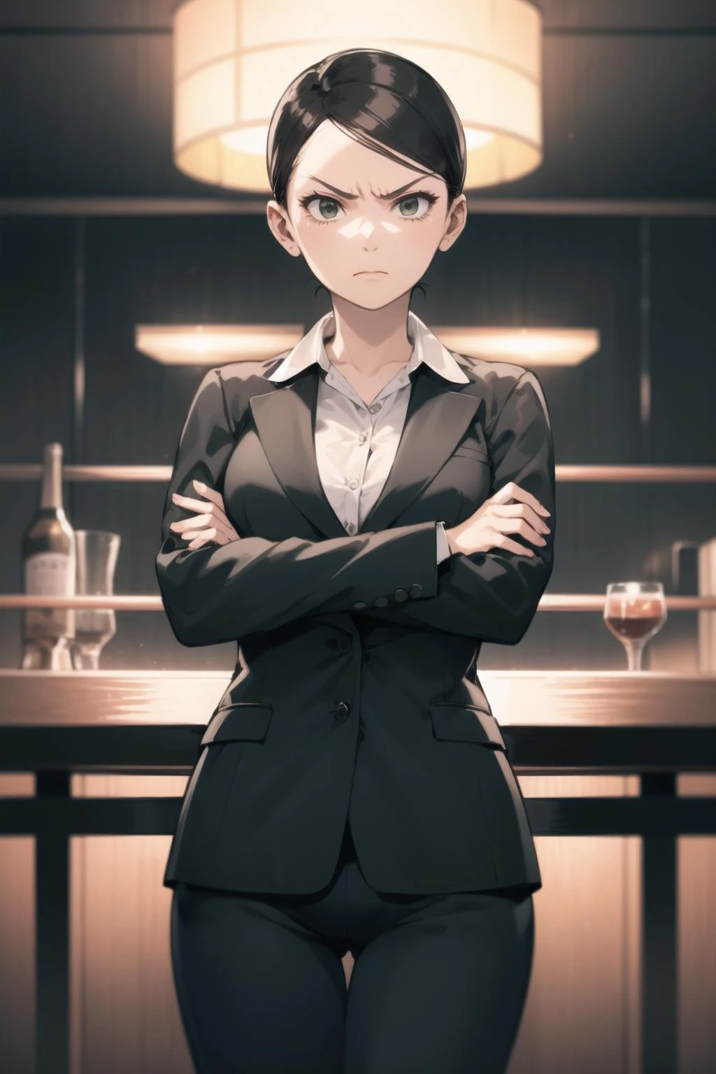 sayama,
1girl, solo, glaring, crossed arms, looking at viewer, bar