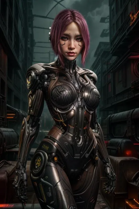 paisagem urbana cyberpunk robô cibernético estilo cibernético obra-prima cyberpunk biomecânica,melhor qualidade,absurdos,detalhes altos,8K,fotorrealista,à distância,tiro de vaqueiro,posando,flertando,(olhar brincalhão, Sorrindo:1.1),1 garota,fundo complexo,coisas complexas ao redor,CyberSongbird,ciborgue,ficção científica,partes mecânicas,braços mecânicos,juntas de robô,cabelo rosa,Cabelo roxo,cabelo multicolorido,mundo giger,arte de hrgiger, . Cibernética, human-máquina fusion, distópico, orgânico encontra artificial, Escuro, Intrincado, Altamente detalhado . futurista, tecnologianological, melhorias cibernéticas, robótica, temas de inteligência artificial . ANDRÓIDE, AI, máquina, metal, fios, tecnologia, futurista, Altamente detalhado . luzes de neon, Escuro alleys, arranha-céus, futurista, cores vibrantes, Alto contraste, Altamente detalhado