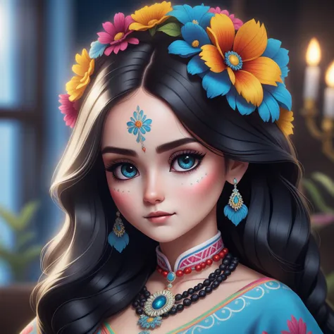 1girl, (Catrina MakeUp), (traditional dress), hair flower, blue eyes, long wavy hair, black hair, cute pose, cute, (realistic:1.2), (realism), (masterpiece:1.2), (best quality), (ultra detailed), (8k, 4k, intricate),(portrait), ,light particles, lighting, (highly detailed:1.2),(detailed face:1.2), (gradients), sfw, colorful,(detailed eyes:1.2)