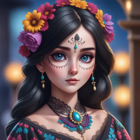 1girl, (Catrina MakeUp), (traditional dress), hair flower, blue eyes, long wavy hair, black hair, cute pose, cute, (realistic:1....