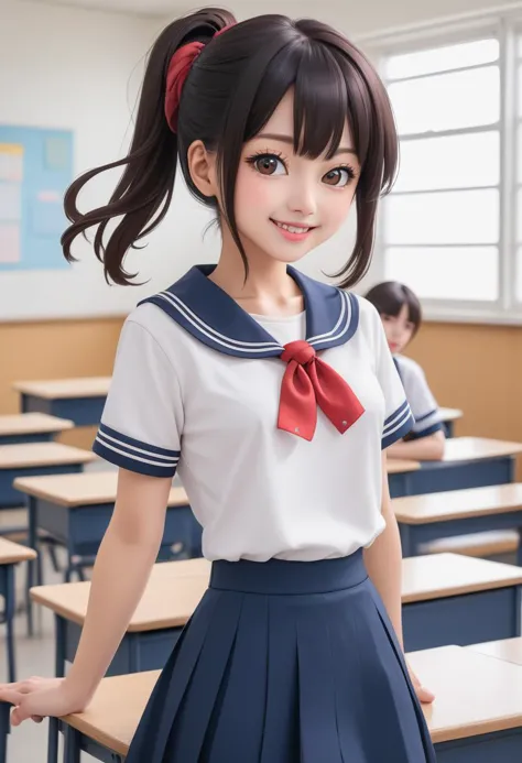 1girl, teen (white sailor-fuku, short sleeve, deep blue collar, deep blue skirt, red neckerchief:1.5) BREAK (cute,smile,bare face, open mouth, black hair:1.4) straight hear, medium hair, short tall, cowboy shot (in classroom, hands behind back:1.5) (dynamic pose,dynamic angle:1.2) BREAK japanese, japanese idol, black eyes (best quality, ultra high res, Realistic, RAW photo, real person, portrait photography, photorealistic, detailed skin, fair skin, beautiful detailed eyes) <lora:neg4all_bdsqlsz_xl_V7:0.8>