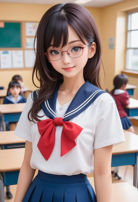 1girl, teen (white sailor-fuku, short sleeve, deep blue collar, deep blue skirt, red neckerchief:1.5) BREAK (cute,sweet,tareme,red glasses,black hair:1.4) (smile:1.2) long hair, straight hear, bangs pinned back, short tall, cowboy shot (in classroom, hands behind back:1.5) (stand up:1.2) BREAK japanese, japanese idol, black eyes (best quality, ultra high res, Realistic, RAW photo, real person, portrait photography, photorealistic, detailed skin, fair skin, beautiful detailed eyes) <lora:neg4all_bdsqlsz_xl_V7:0.8>