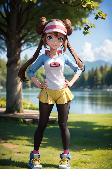 rosa_pokemon, visor, long brown hair, hair buns, twintails, blue eyes,raglan sleeves, long sleeves, yellow shorts, black pantyhose, shoes, looking at viewer, smiling, full body shot, standing, hands on hips, outside, park, lake, trees, blue sky, high quality, masterpiece, 