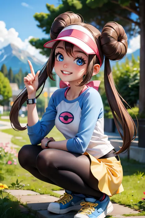 rosa_Pokémon, visera, long brown hair, moños de pelo, dos colas, blue eyes,mangas raglán, mangas largas, pantalones cortos amarillos, pantimedias negras, zapatos, mirando al espectador, sonriente, Feliz, dientes, allanamiento, manos en las rodillas, Afuera, parque, montaña, árboles, flores, cielo azul, alta calidad, obra maestra, 