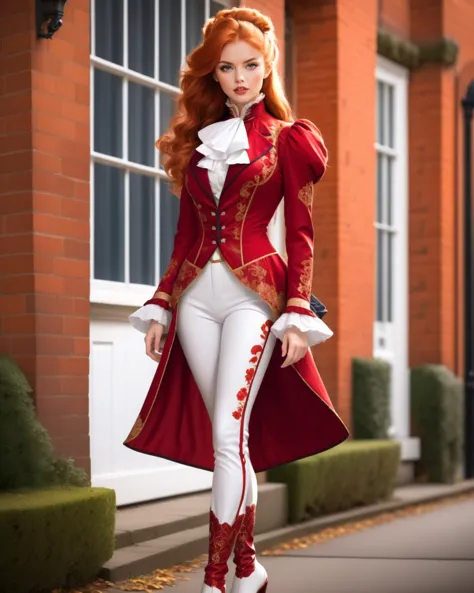 solo, beautiful adult woman, high quality, best quality, highres, high detail,  dr34m, standing, ginger  hair,<lora:AislingDream-46:0.8>  british manor, Ambient occlusion  <lora:VictorianRidingOutfit:0.8> r1d3r, red ornate embroidered jacket, white pants, frills, long sleeves, puffy sleeves, ascot, high heel boots