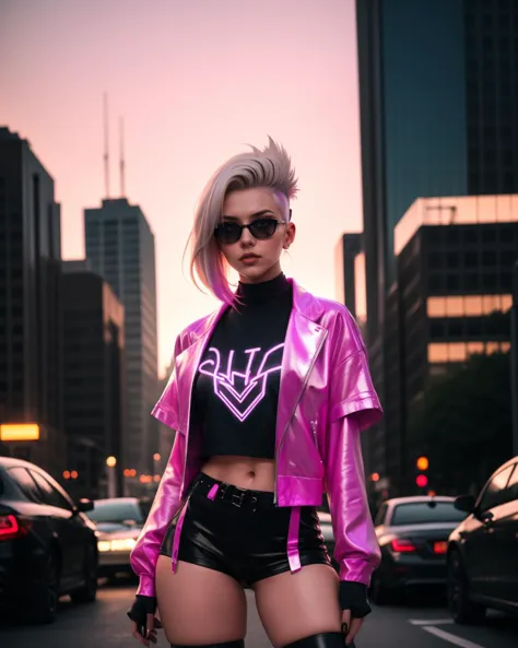 a woman in a pink jacket and black shorts standing on a street