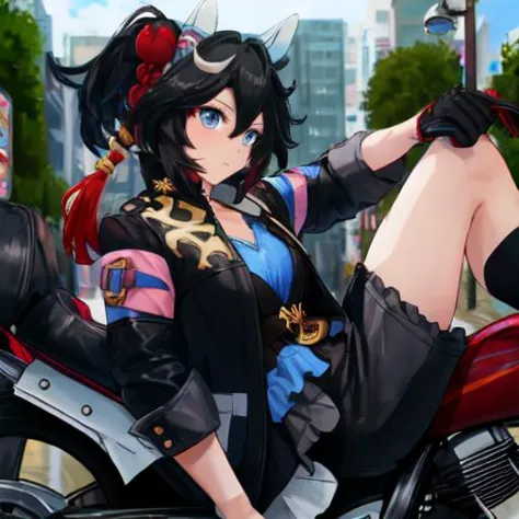 masterpiece, best quality, close up, face shot, serious, street,
katsuragi ace \(umamusume\), riding motor cycle, hands on own hips,
ear covers, hair ornament, black gloves, red gloves, two-tone gloves, half gloves, high collar, blue shirt, frills, clothing cutout, cleavage cutout, long sleeves, black coat, belt, black shorts, short shorts, kneehighs, black socks, white footwear, sneakers, 
<lora:katsuragi_ace_loha:0.8>