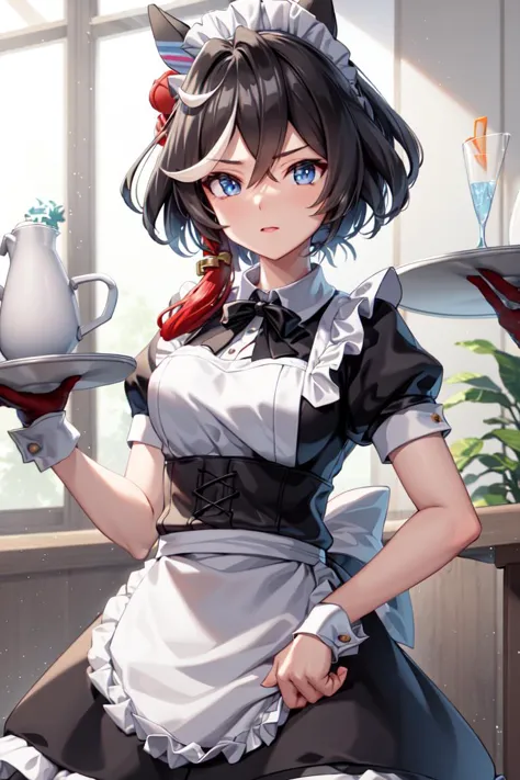 anime maid holding a tray with a tea pot on it