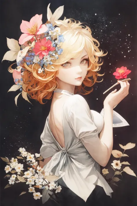 , Maximalism artstyle,neon theme,suprematism,beautiful detailed flower, beautiful detailed eyes,hyper detailed,flower,hyper quality,,eyes,flower and hair is same color,beautifuly color,face,her hair is becoming flower, flower,hair,flower,butterfly,,1girlka...