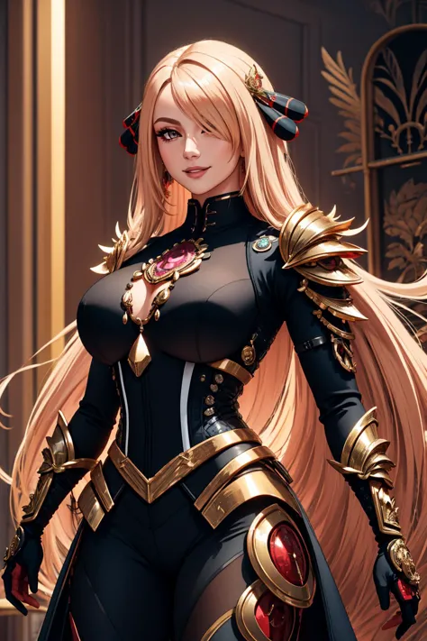 a woman in a black and gold outfit with long blonde hair