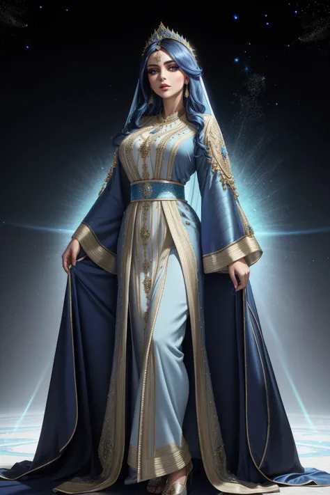 (masterpiece, clean, 8K, high res), a portrait of a beautiful woman, edgCaftan, a woman in a blue robe , wearing edgCaftan, <lora:edgMoroccanCaftan:0.7>, light particles, volumetric lighting,